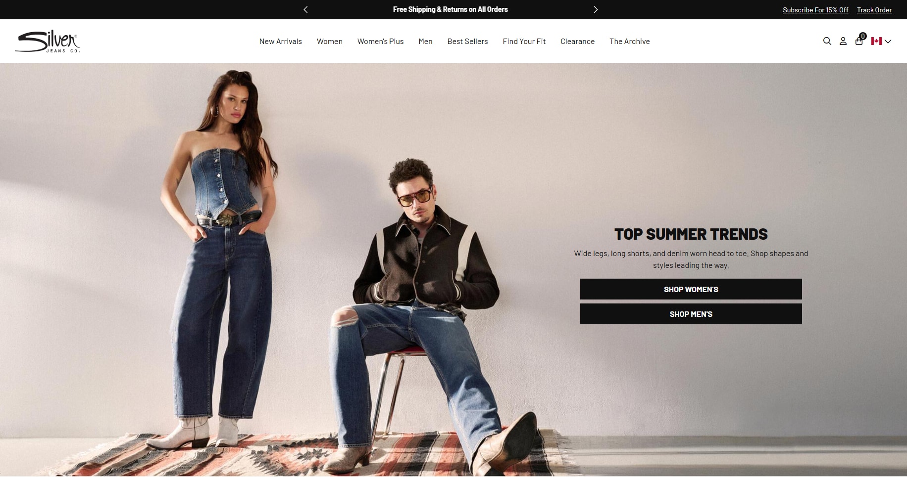 Screenshot of the Silver Jeans online store homepage